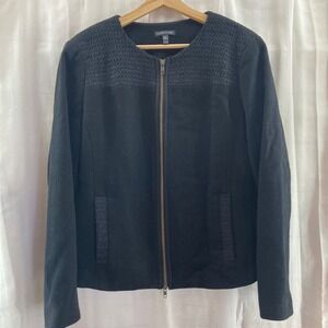 Eileen Fisher Black Wool Blend‎ Knit Detail Zip Front Jacket M/M